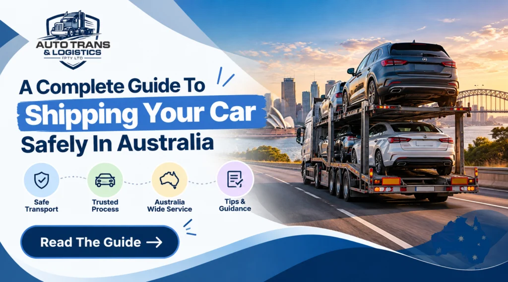 Auto Trans & Logistics car carrier transporting vehicles safely across Australia, with the Sydney skyline and Harbour Bridge in the background.